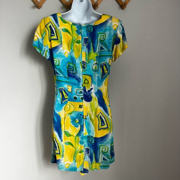 Vintage 90s Jessica Howard Yellow and Blue Abstract Mini Dress - Picture 2 of 12